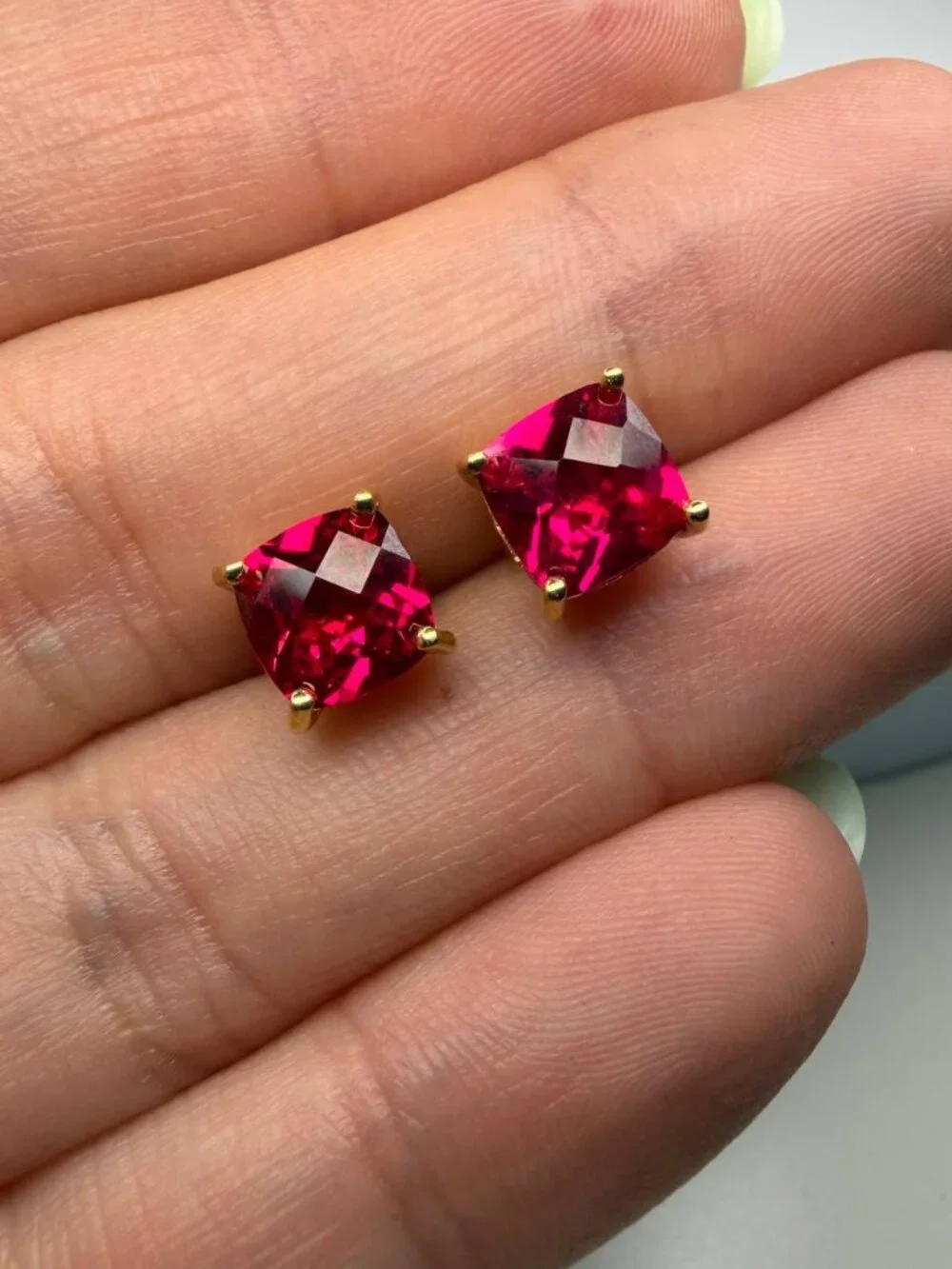 18K Gold Ruby Earrings 3-carat Red Ruby Square Stud Earrings